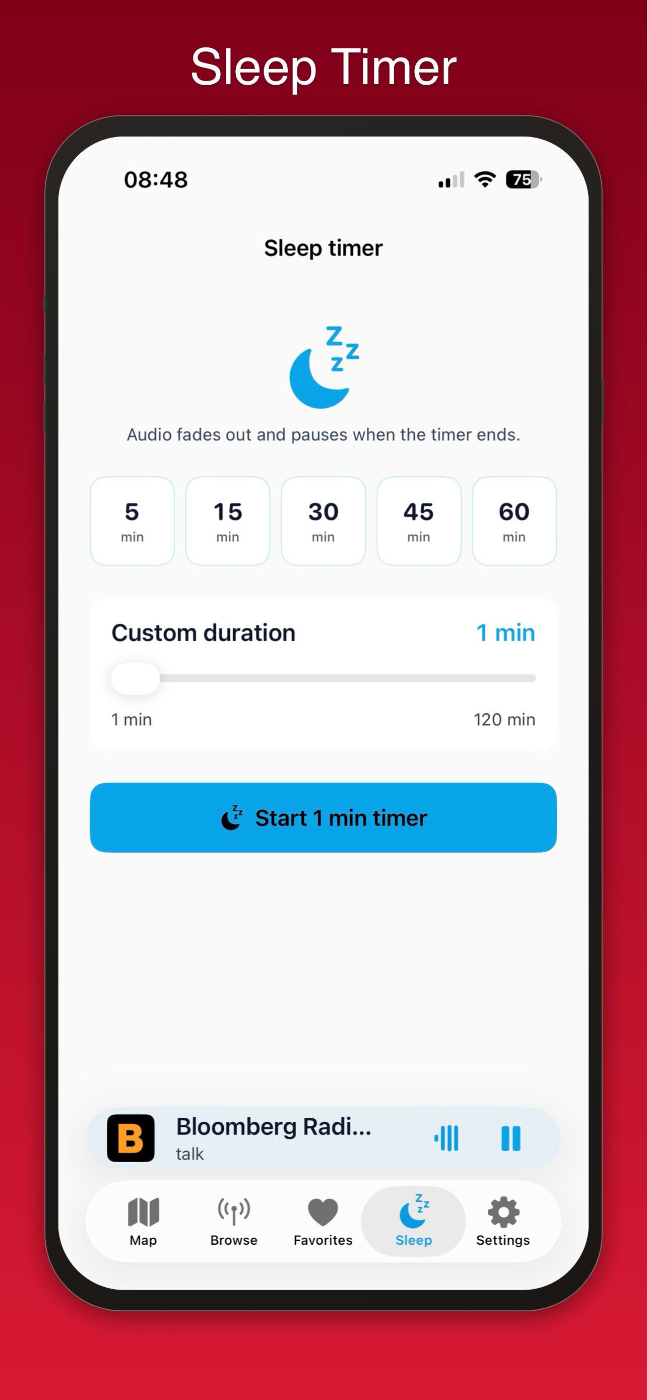 Sleep timer screen with 5 to 60 minute presets and a custom duration slider up to 120 minutes.